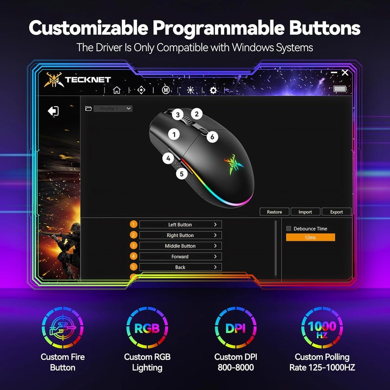 TECKNET Wireless Gaming Mouse - 8000 DPI, RGB Backlit, 6 Programmable Buttons, 100Hrs Battery Life, Dual Mode [2.4G & USB-C] for Laptop,PC,Mac - Black - Image 4