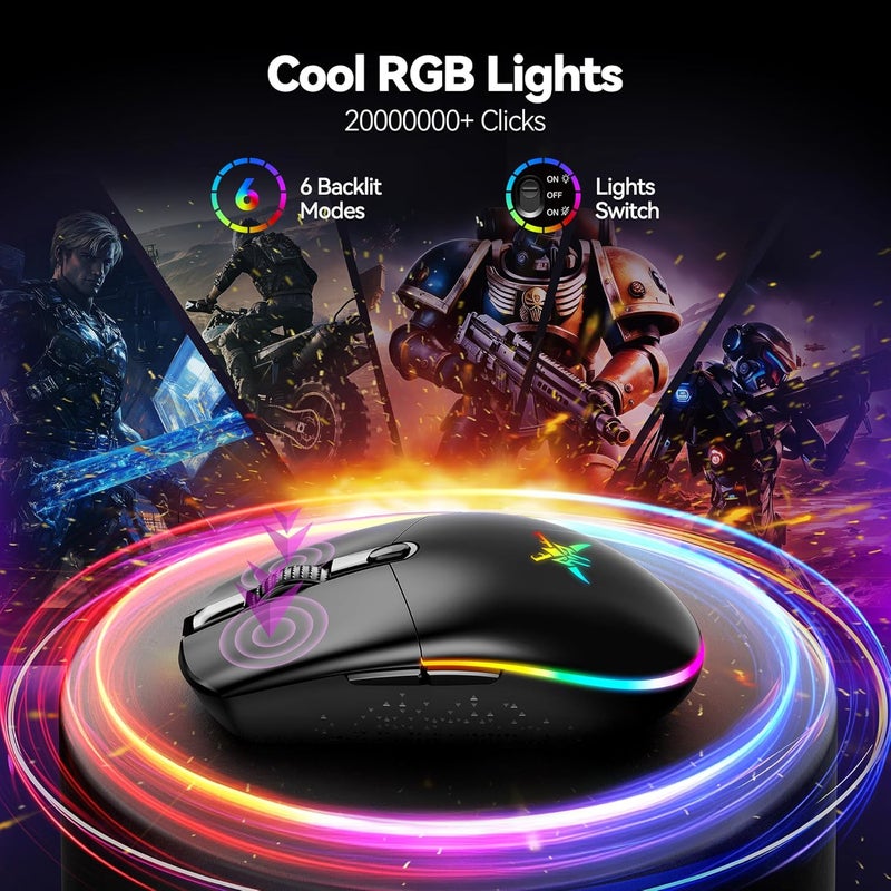TECKNET Wireless Gaming Mouse - 8000 DPI, RGB Backlit, 6 Programmable Buttons, 100Hrs Battery Life, Dual Mode [2.4G & USB-C] for Laptop,PC,Mac - Black - Image 5