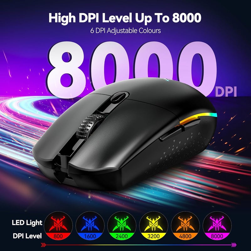 TECKNET Wireless Gaming Mouse - 8000 DPI, RGB Backlit, 6 Programmable Buttons, 100Hrs Battery Life, Dual Mode [2.4G & USB-C] for Laptop,PC,Mac - Black - Image 2