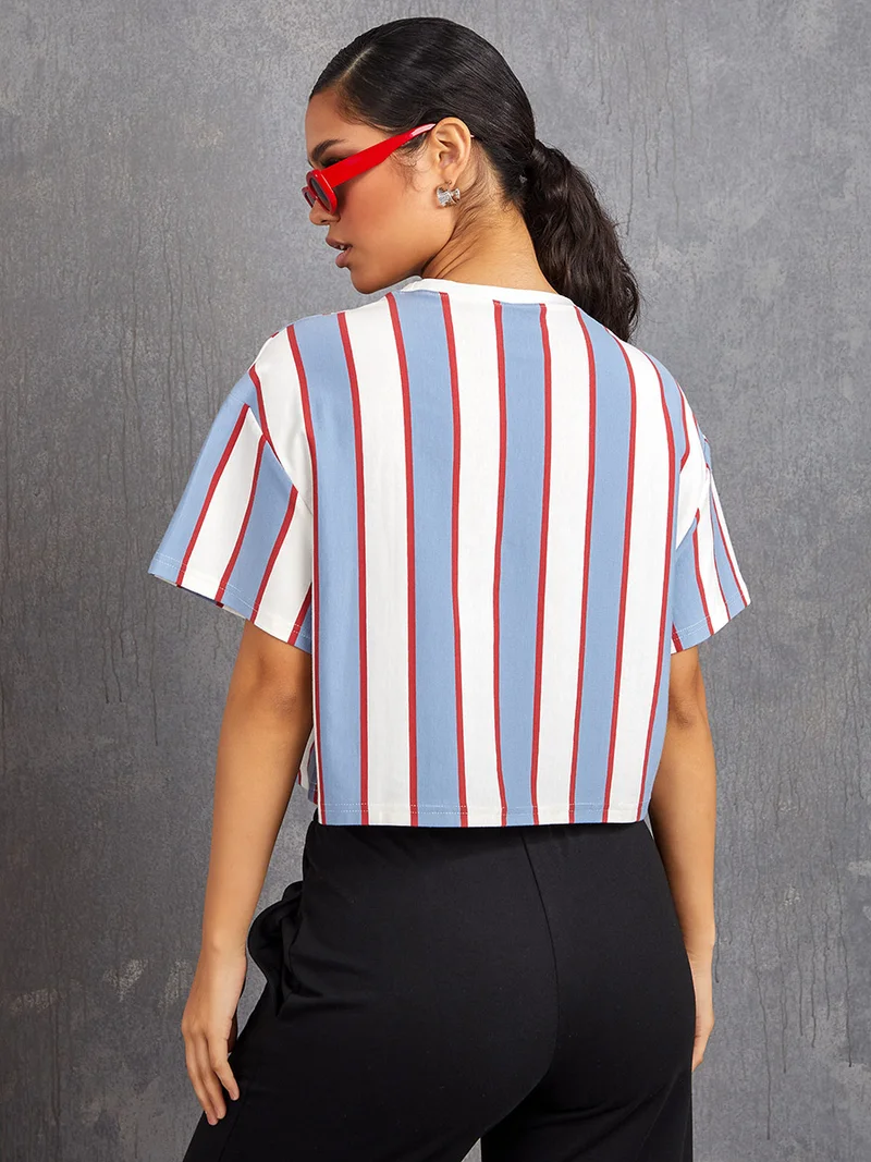 Take Two Short Sleeves Stripe Slogan Print Boxy Fit T-shirt