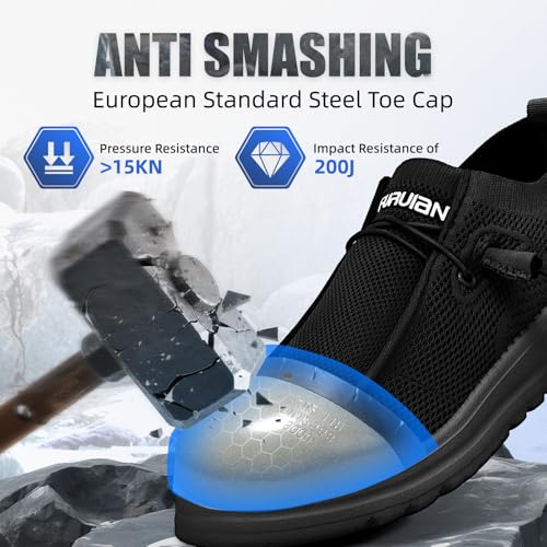 Furuian Slip On Steel Toe Shoes for Men Safety Steel Toe Loafers Comfortable Mens Slip On Work Shoes Lightweight Work Safety Footwear Black - Image 3
