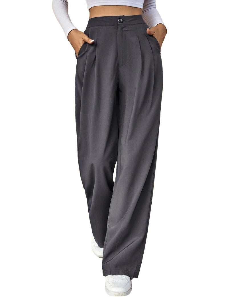 KOTTY Women's Cotton Blend Straight Fit Cross Pocket Solid Trousers Dark Grey - Image 1