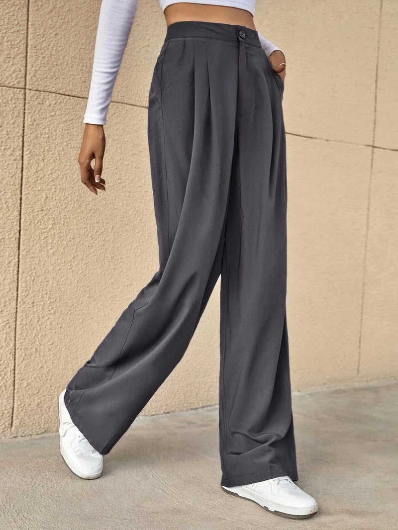 KOTTY Women's Cotton Blend Straight Fit Cross Pocket Solid Trousers Dark Grey - Image 2