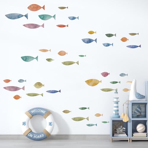 Kasubeso 62 Pcs Watercolor Ocean Fish Wall Decals, Peel and Stick Ocean Wall Sticker, Removable Vibrant Sea Life Underwater Theme Wall Decor for Kids Room Nursery Bedroom Playroom Classroom - Image 1