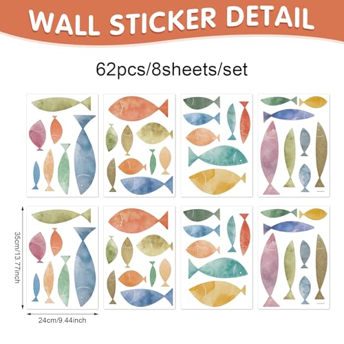 Kasubeso 62 Pcs Watercolor Ocean Fish Wall Decals, Peel and Stick Ocean Wall Sticker, Removable Vibrant Sea Life Underwater Theme Wall Decor for Kids Room Nursery Bedroom Playroom Classroom - Image 2