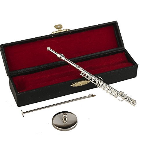 Dselvgvu Miniature Flute with Stand and Case Brass Mini Musical Instrument Flute Replica Collectible Figurines Dollhouse Accessories Model Home Decoration Display Ornament Silver 539 - Image 1