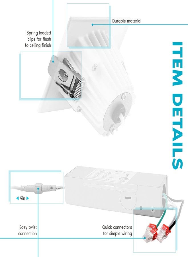 LUXRITE إضاءة LED غائرة مربعة الشكل من LUXRITE مقاس 2 بوصة مع صندوق توصيل، قابلة للاختيار بين 3 درجات حرارة لونية (3000 كلفن/4000 كلفن/5000 كلفن)، مؤشر تجسيد اللون 90، طقم إضاءة LED غائرة بدون علبة قابلة للتعتيم، 8 واط، 600 لومن، حاصلة على تصنيف IC، مقاومة للرطوبة، مدرجة في قائمة ETL. - Image 3