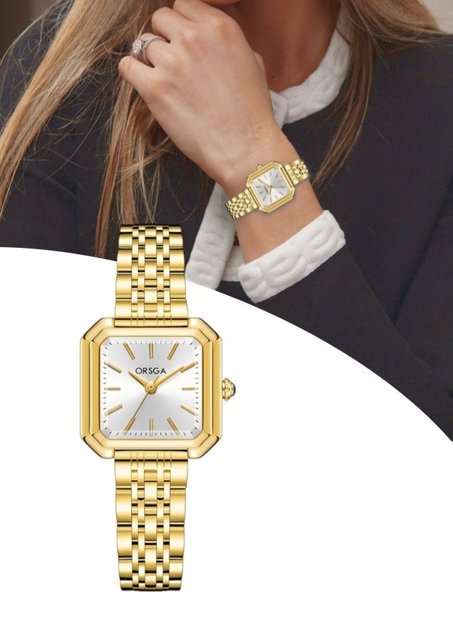 أورسجا ساعة مربعة بسيطة أنيقة للنساء (ساعة مربعة صغيرة ذهبية اللون، ساعة كوارتز مقاومة للماء) - Image 1