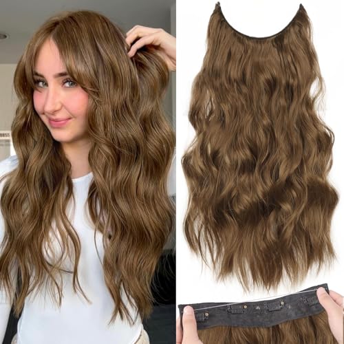 KooKaStyle Invisible Wire Hair Extensions with Transparent Wire Headband Adjustable Size 4 Secure Clips Long Wavy Hairpiece 20 Inch COCOA for Women - Image 1