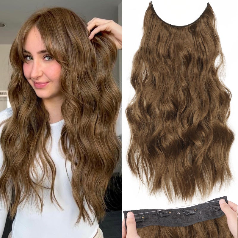 KooKaStyle Invisible Wire Hair Extensions with Transparent Wire Headband Adjustable Size 4 Secure Clips Long Wavy Hairpiece 20 Inch COCOA for Women - Image 2