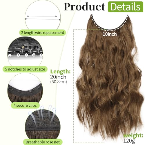 KooKaStyle Invisible Wire Hair Extensions with Transparent Wire Headband Adjustable Size 4 Secure Clips Long Wavy Hairpiece 20 Inch COCOA for Women - Image 3