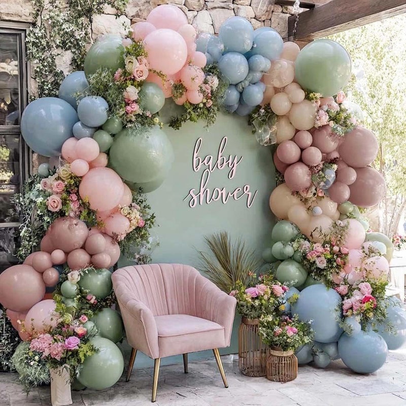 Partycus Pink Blue Green Balloon Arch Double Stuffed Dusty Green Pastel Blue Blush Mauve Latex Balloon Garland Kit for Boho Baby Shower Gender Reveal Floral Birthday Tea Party Decoration - Image 3
