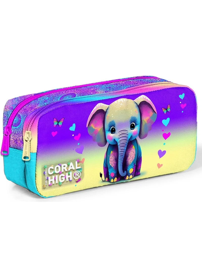 CORAL HIGH Kids Pink Turquoise Elephant Patterned Two Compartment Pencil Bag 12083