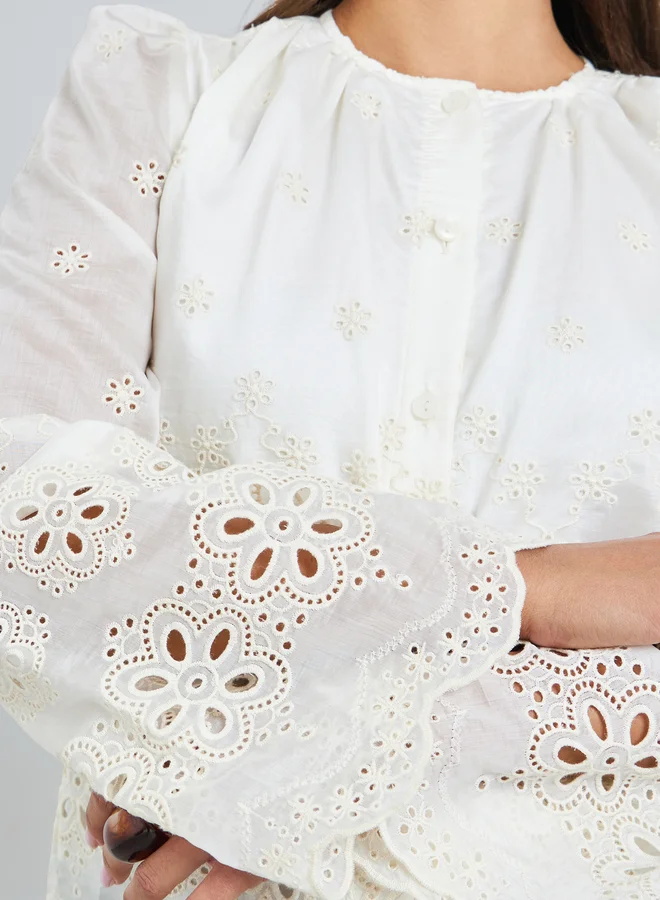 Styli  Off White Schiffli Button Front Top for Women | Best Price UAE