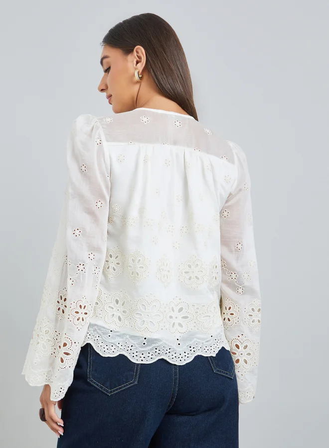 Styli  Off White Schiffli Button Front Top for Women | Best Price UAE