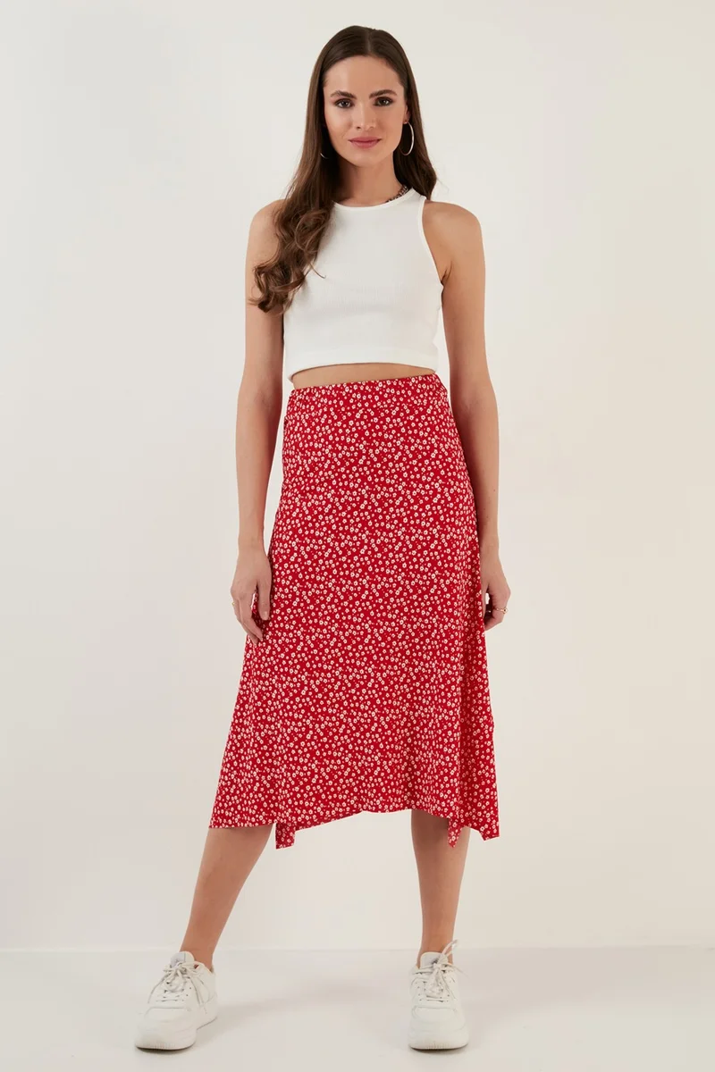 ليلا Patterned Flounce Midi Length Slit Skirt Women's Skirt 5864073