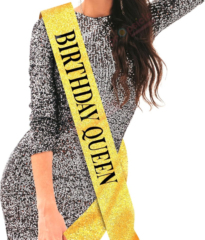Propsicle Multi-style matching design Happy Birthday Silk Sash, Pack of 1, Golden Glitter Girl Sash Princess Theme Party Decoration Item for Women 16th Year Item Dust proof - Image 1
