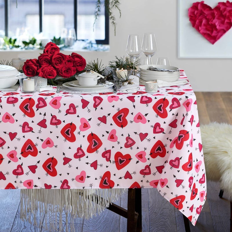 SARAFLORA V-Day Table Cloth Hearts and Arrows- Rectangle Tablecloth 60x120 Inch- Stain and Water Resistant Table Cover for Anniversary/Valentine/Party/Wedding Decoration Use, Red & White - Image 1