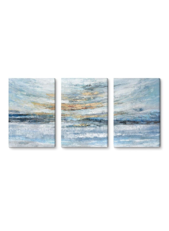 Abstract Canvas Wall Art For Bedroom 3 Piece Ocean Painting Coastal Theme Artwork Blue And Gold Sunset And Sunrise On The Beach Seascape Picture For Bathroom Living Room Light 12X16Inchx3 Panel  - Image 1
