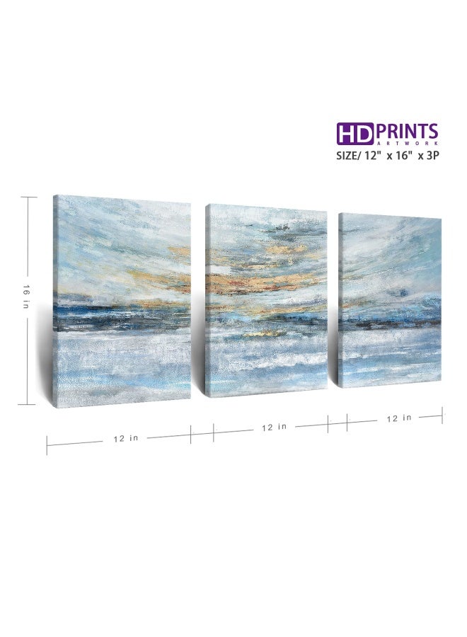 Abstract Canvas Wall Art For Bedroom 3 Piece Ocean Painting Coastal Theme Artwork Blue And Gold Sunset And Sunrise On The Beach Seascape Picture For Bathroom Living Room Light 12X16Inchx3 Panel  - Image 2