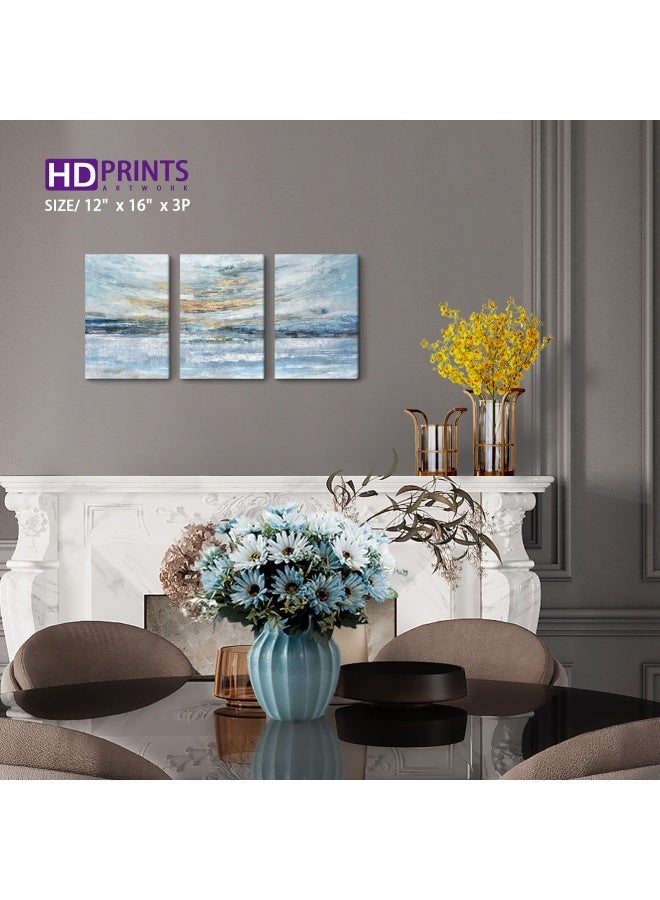 Abstract Canvas Wall Art For Bedroom 3 Piece Ocean Painting Coastal Theme Artwork Blue And Gold Sunset And Sunrise On The Beach Seascape Picture For Bathroom Living Room Light 12X16Inchx3 Panel  - Image 4