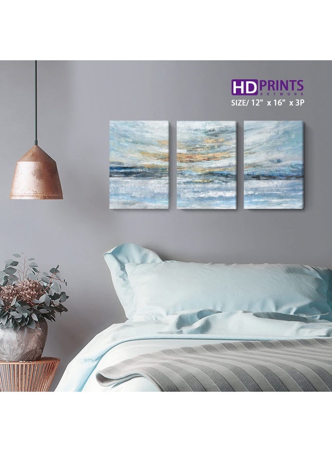 Abstract Canvas Wall Art For Bedroom 3 Piece Ocean Painting Coastal Theme Artwork Blue And Gold Sunset And Sunrise On The Beach Seascape Picture For Bathroom Living Room Light 12X16Inchx3 Panel  - Image 3