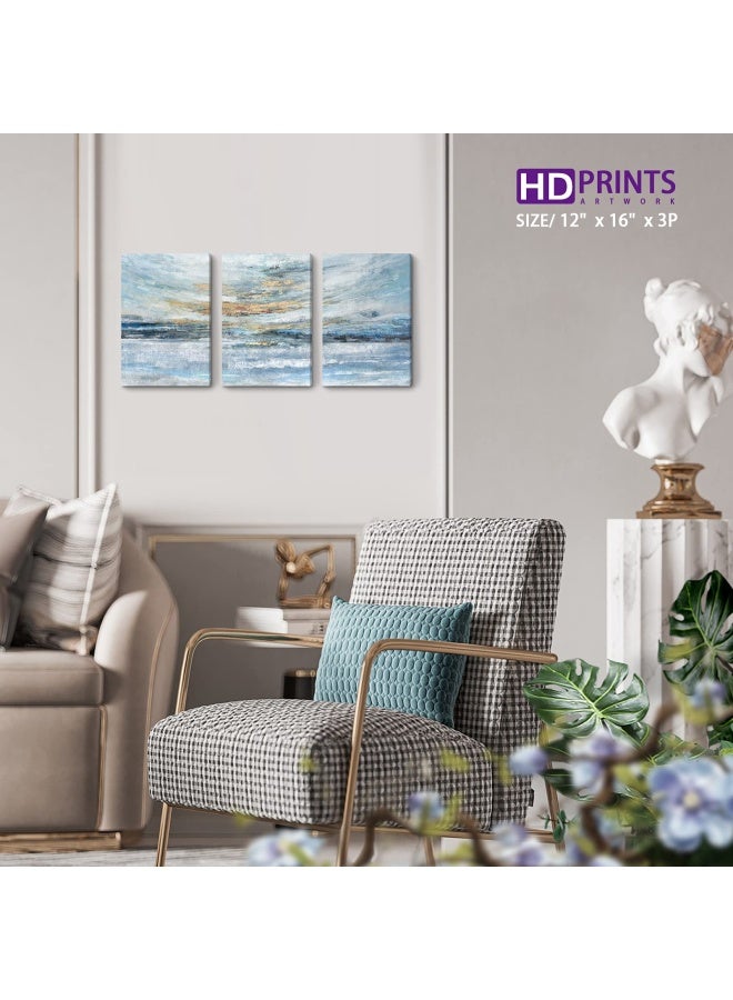 Abstract Canvas Wall Art For Bedroom 3 Piece Ocean Painting Coastal Theme Artwork Blue And Gold Sunset And Sunrise On The Beach Seascape Picture For Bathroom Living Room Light 12X16Inchx3 Panel  - Image 5