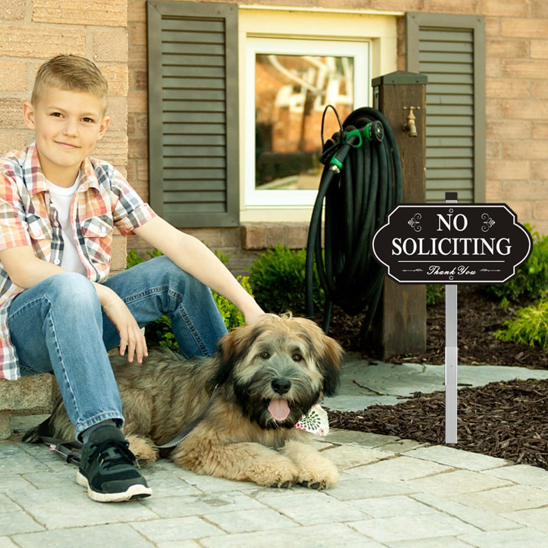 i-CowFun Heavy Duty No Soliciting Sign for House - All Metal Construction No Soliciting Yard Sign - 14" x 7" - Aluminum - with 28" Long Stake - Image 3