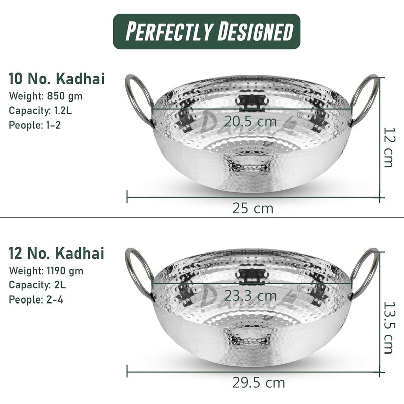 Parage 2 Pieces Stainless Steel Hammered Kadhai with Heavy Bottom for Kitchen/Utensils for Cooking, Deep Frying | Induction & Gas Stove Friendly Cookware (Capacity-1.2 LTR & 2 LTR, Silver) - Image 2