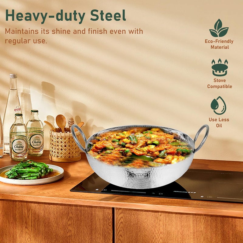Parage 2 Pieces Stainless Steel Hammered Kadhai with Heavy Bottom for Kitchen/Utensils for Cooking, Deep Frying | Induction & Gas Stove Friendly Cookware (Capacity-1.2 LTR & 2 LTR, Silver) - Image 3