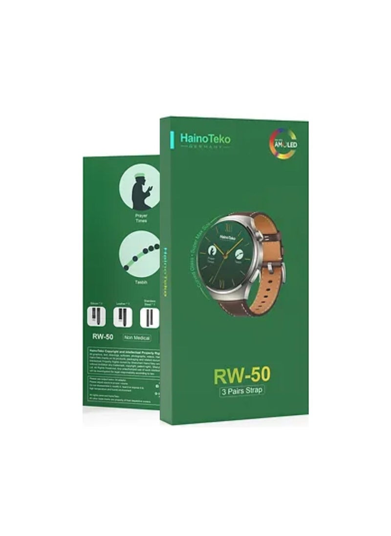 RW50 Super Max Size Round Shape Curved AMOLED Display Smart Watch With 3 Pair Straps For Gents and Boys_Black
