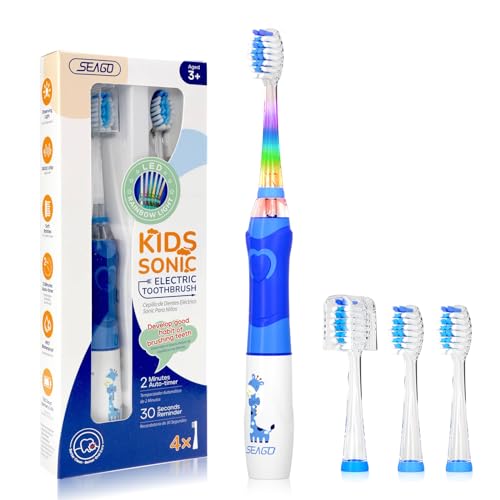 SEAGO Kids Electric Toothbrush with 2 Mins Brushing Timer and 4 Replacement Bursh Heads, Rainbow LED Light Make Brushing Fun, Blue Color Boys Battery Powerd Toothbrush for 4-12 Years Old，SG-977 - Image 1