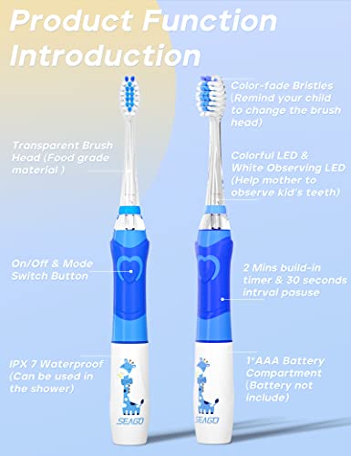 SEAGO Kids Electric Toothbrush with 2 Mins Brushing Timer and 4 Replacement Bursh Heads, Rainbow LED Light Make Brushing Fun, Blue Color Boys Battery Powerd Toothbrush for 4-12 Years Old，SG-977 - Image 5