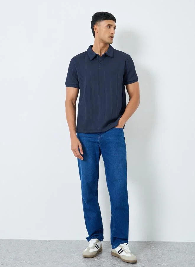 Styli Styli Men Navy Textured Knit Relaxed Polo