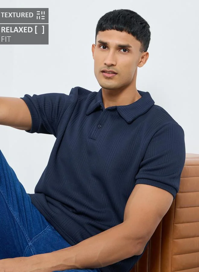 Styli Styli Men Navy Textured Knit Relaxed Polo