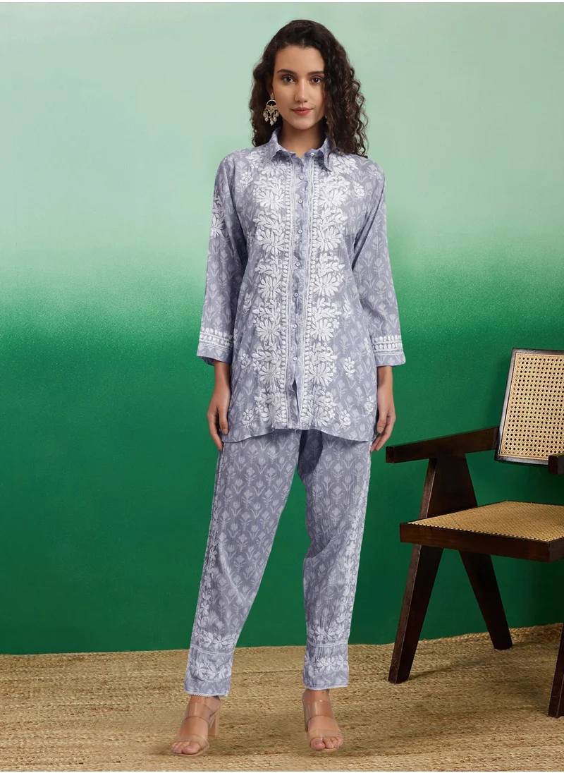 Alaya Hand Embroidered Chikankari Printed Mulmul Cotton Co-Ord Set for Women-AL4054
