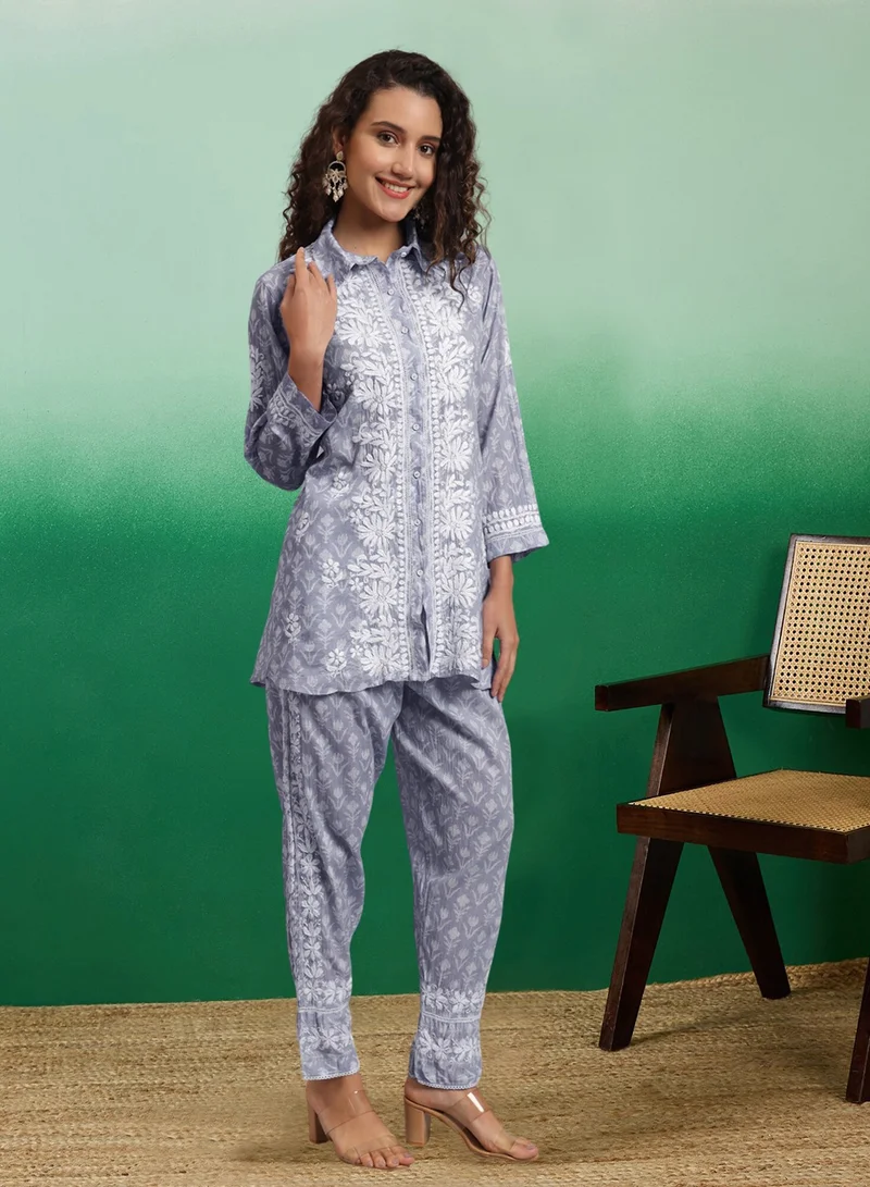 Alaya Hand Embroidered Chikankari Printed Mulmul Cotton Co-Ord Set for Women-AL4054