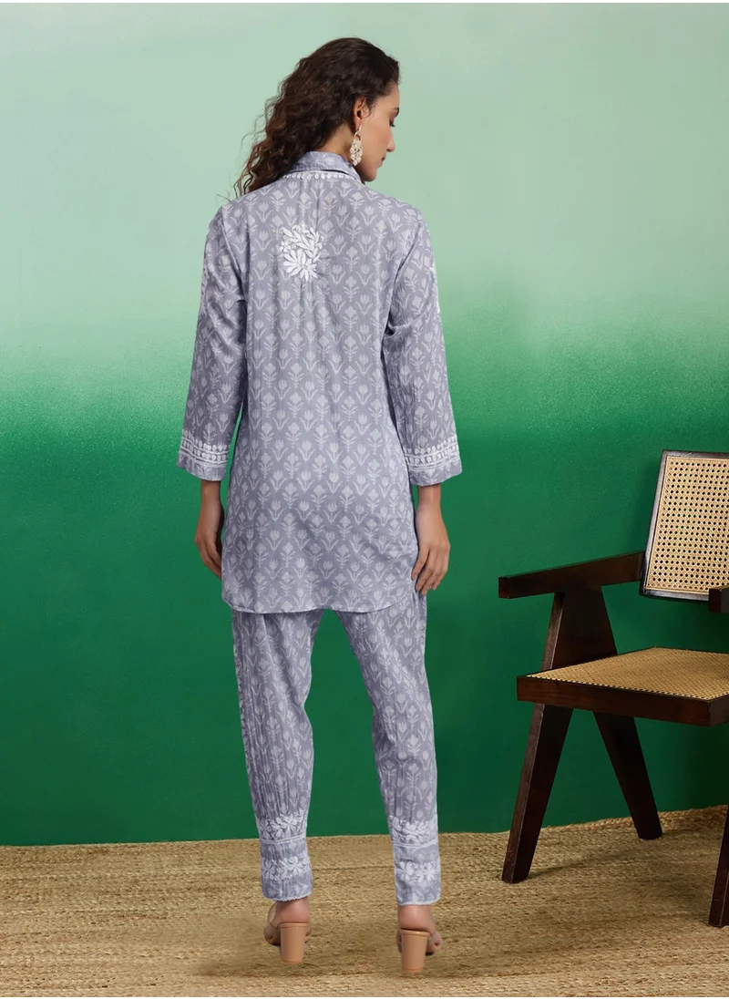 Alaya Hand Embroidered Chikankari Printed Mulmul Cotton Co-Ord Set for Women-AL4054