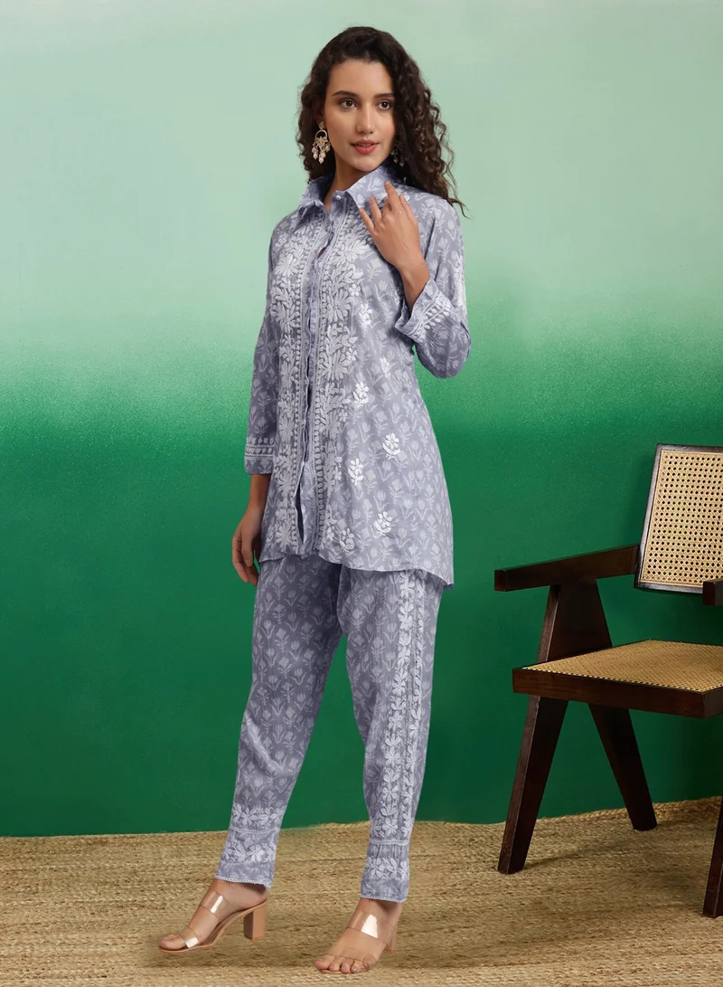 Alaya Hand Embroidered Chikankari Printed Mulmul Cotton Co-Ord Set for Women-AL4054