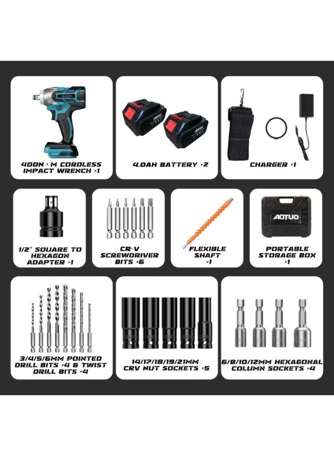 كيو زد مفتاح القوة! مجموعة مفاتيح ربط صدمية ليثيوم أيون بدون فرشاة من QZ، 98 فولت، أداء عزم دوران عالي، مزودة ببطاريتين سعة 4.0 أمبير/ساعة، تُحسّن كفاءة عملك على الفور. - Image 2