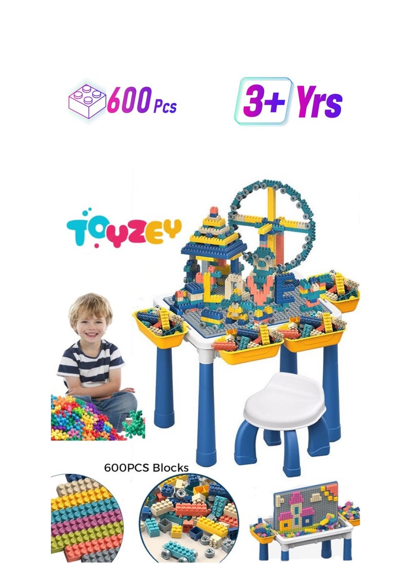 Toyzey Building Blocks Set for Kids 3+ Years,600 Pieces Morandi Color Stacking Blocks,Educational Toys for Boys and Girls,Height Adjustable Block Table with Stool  - Image 1