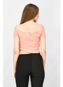 BB Dakota by Steve Madden Women Off Shoulder Short Sleeve Floral Crop Top, Pink  - Image 3