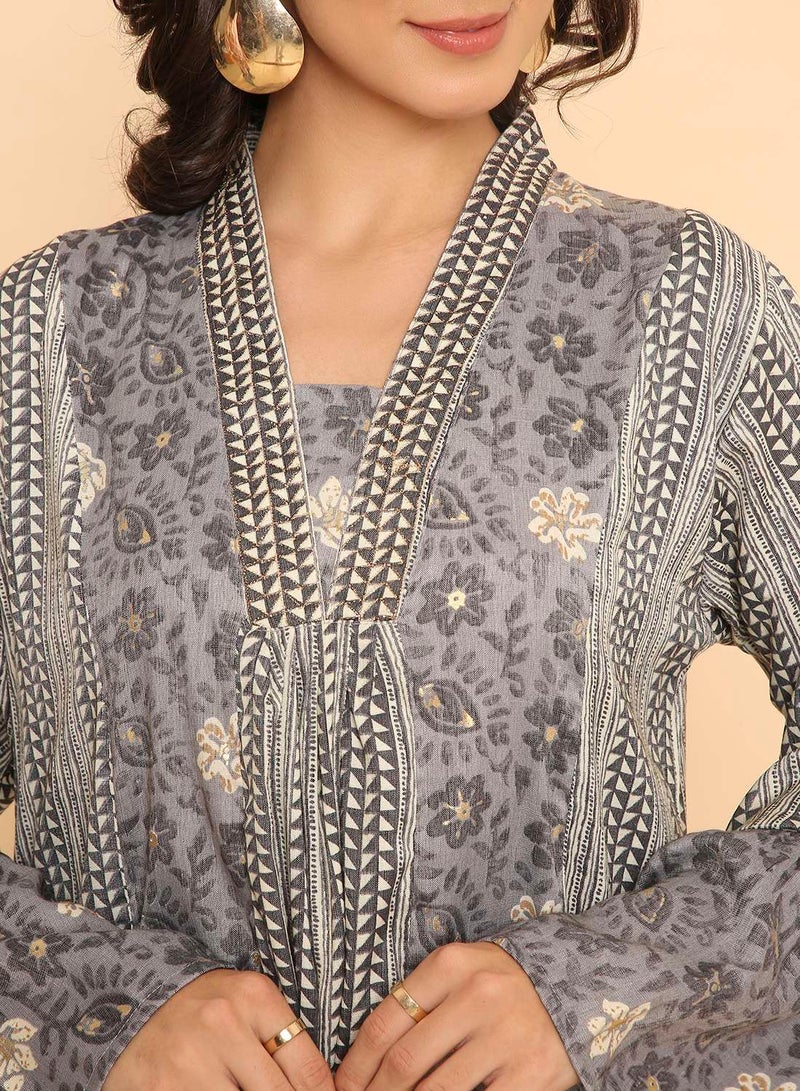 HANA & SARA Women's Muted Grey Floral & Geometric Print Jalabiya Dress - Image 3