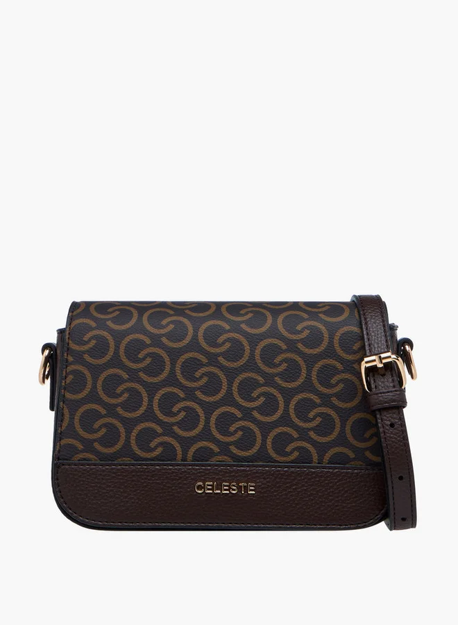 Celeste Monogram Print Crossbody Bag with Detachable Strap and Flap Closure