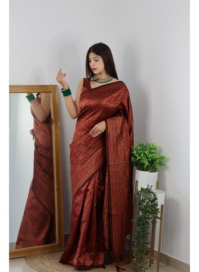 sanu silk Sanu silk Kanjivaram Pure Soft Silk Jacquard weave Saree With Unstitched Blouse Piece For Women & Girls (Marron)  - Image 5