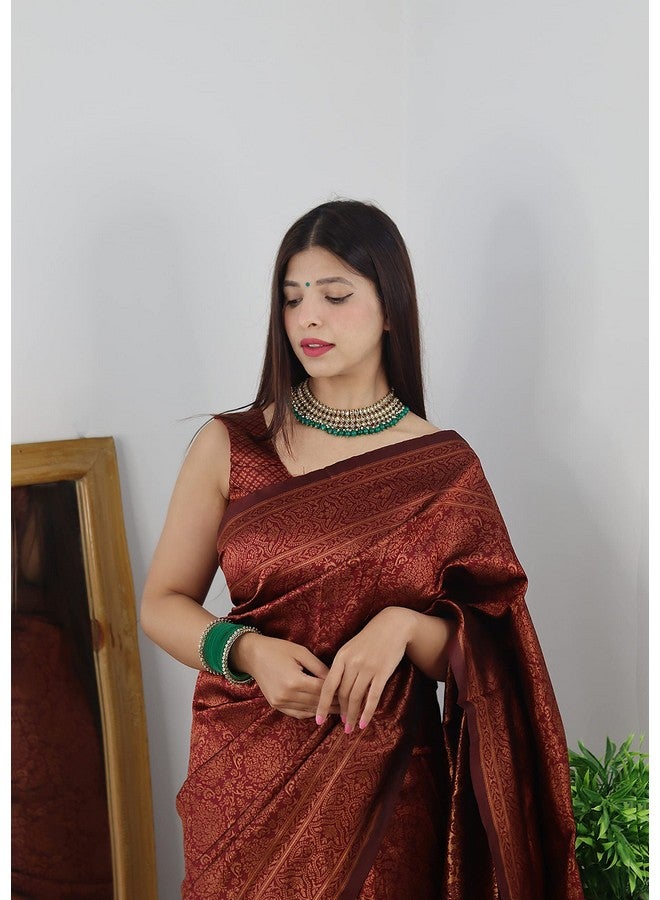 sanu silk Sanu silk Kanjivaram Pure Soft Silk Jacquard weave Saree With Unstitched Blouse Piece For Women & Girls (Marron)  - Image 2