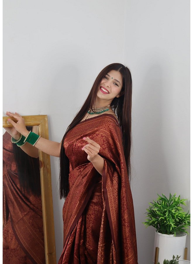 sanu silk Sanu silk Kanjivaram Pure Soft Silk Jacquard weave Saree With Unstitched Blouse Piece For Women & Girls (Marron)  - Image 4
