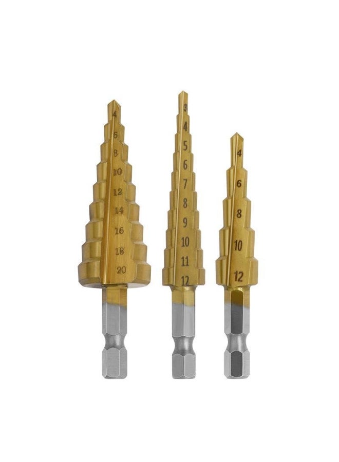 3-Piece Metric Hexagonal Pagoda Step Drill Set - Metal Punch Tool for Drilling Tasks with Drill Cloth Bag. 