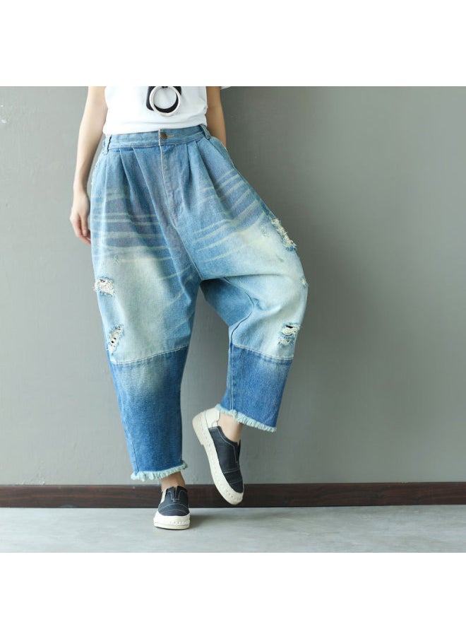 Generic 2024 New Women's Large Size Wide-leg Pants Stitching Old Ripped Tassel Elastoic Waist Jeans Wandering Story 