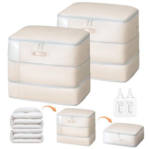 Easortm Comforter Storage Bag - Large Capacity Blanket Storage Bags 3-Layer Ultra Space Saving Self Compression Organizer, Washable Compression Bags for Storage Comforter Blanket, 2-Pack, Beige - Image 1